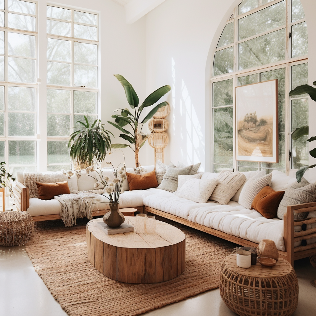 Boho Decor Living Room with Two Couches and Rug