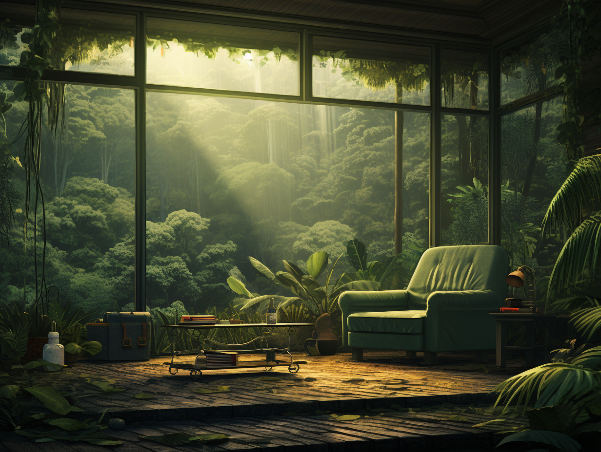 Living room amidst rainforest beauty