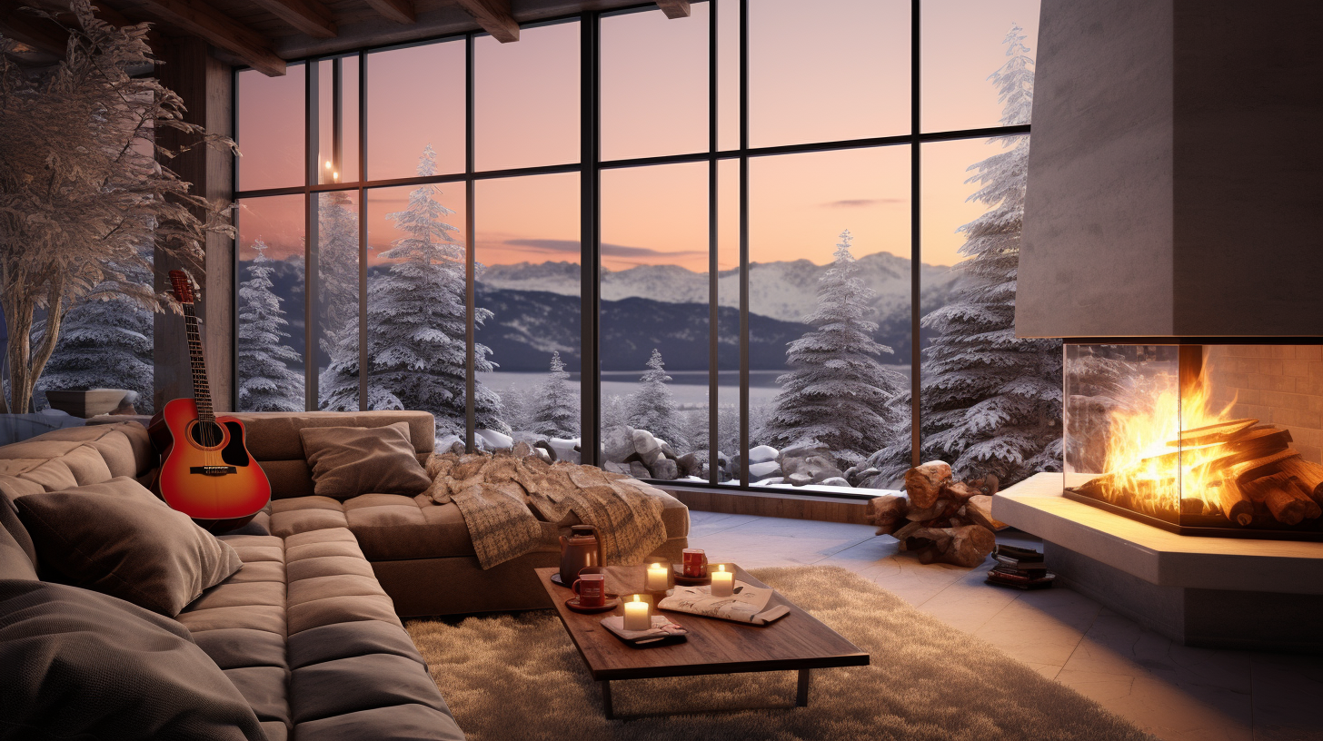 Living room with large snowy window view