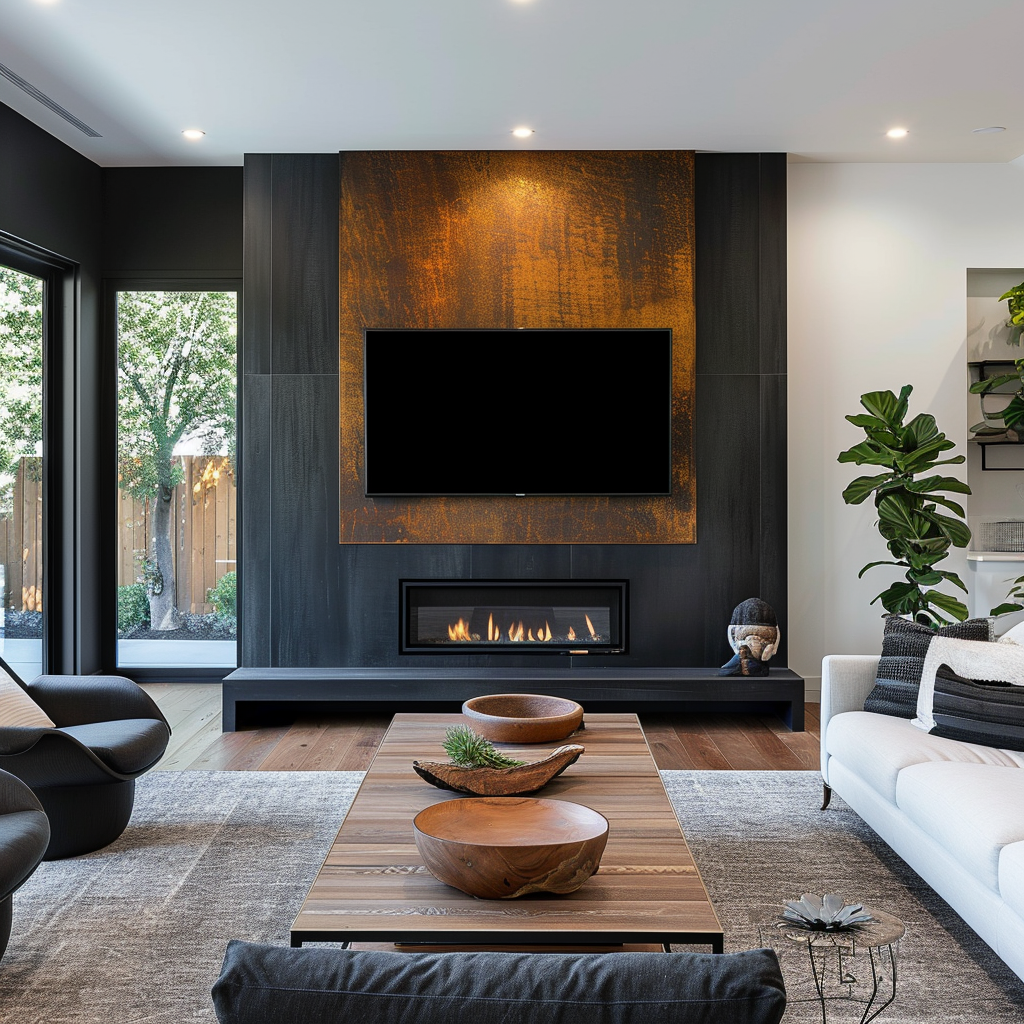 Modern accent wall living room fireplace TV