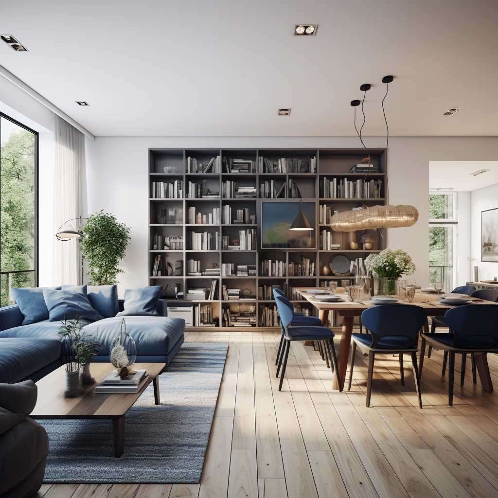 Cozy modern living room with bookshelves, sofa, and dining table