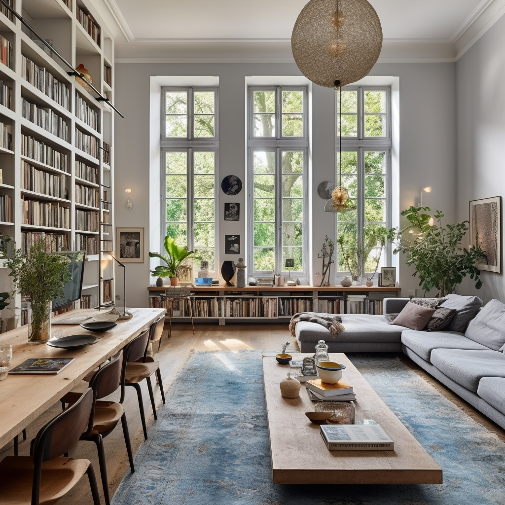 Living room with bookshelves and stylish furniture