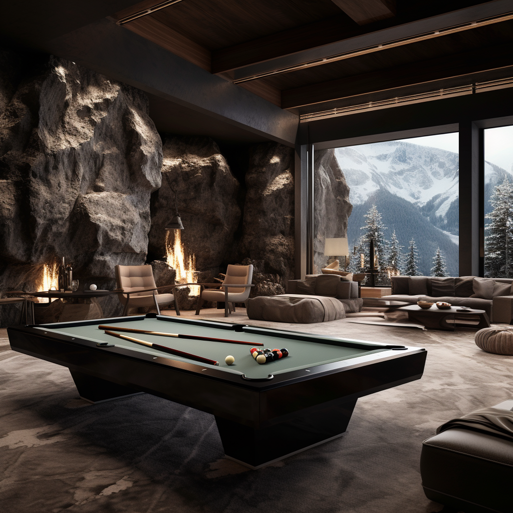 Living room with rock pool table in dark mansion