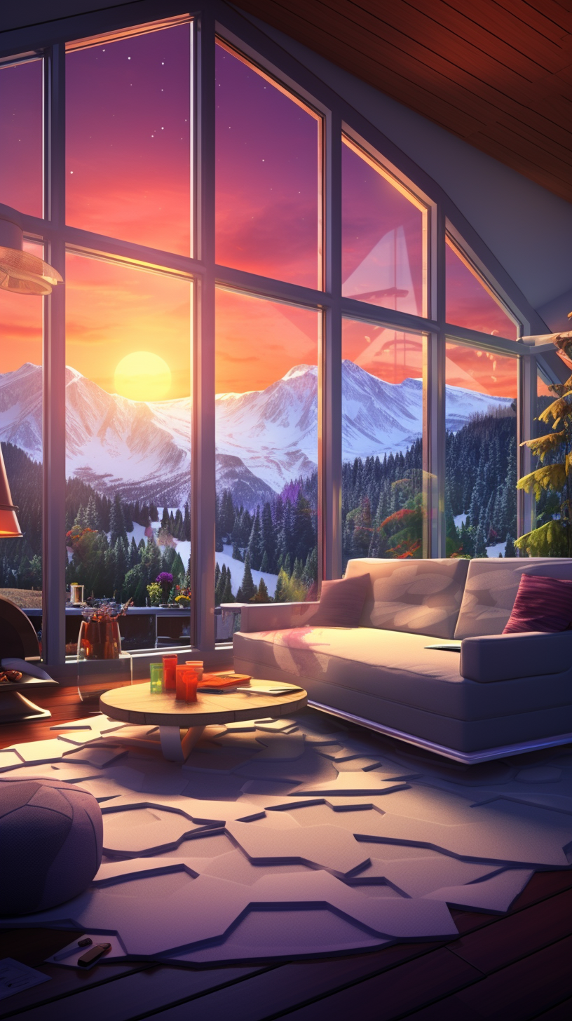 Living room with snowy mountains view