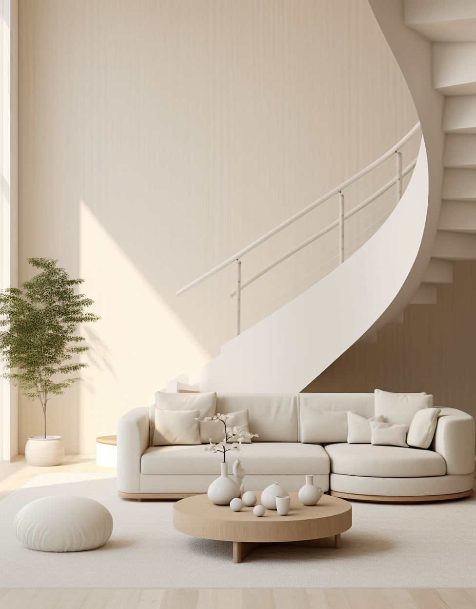 White stairs in tranquil living room