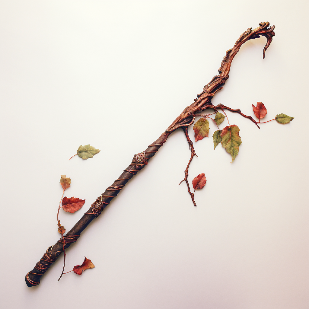 Staff made from living vines with reddish iron sickle blade