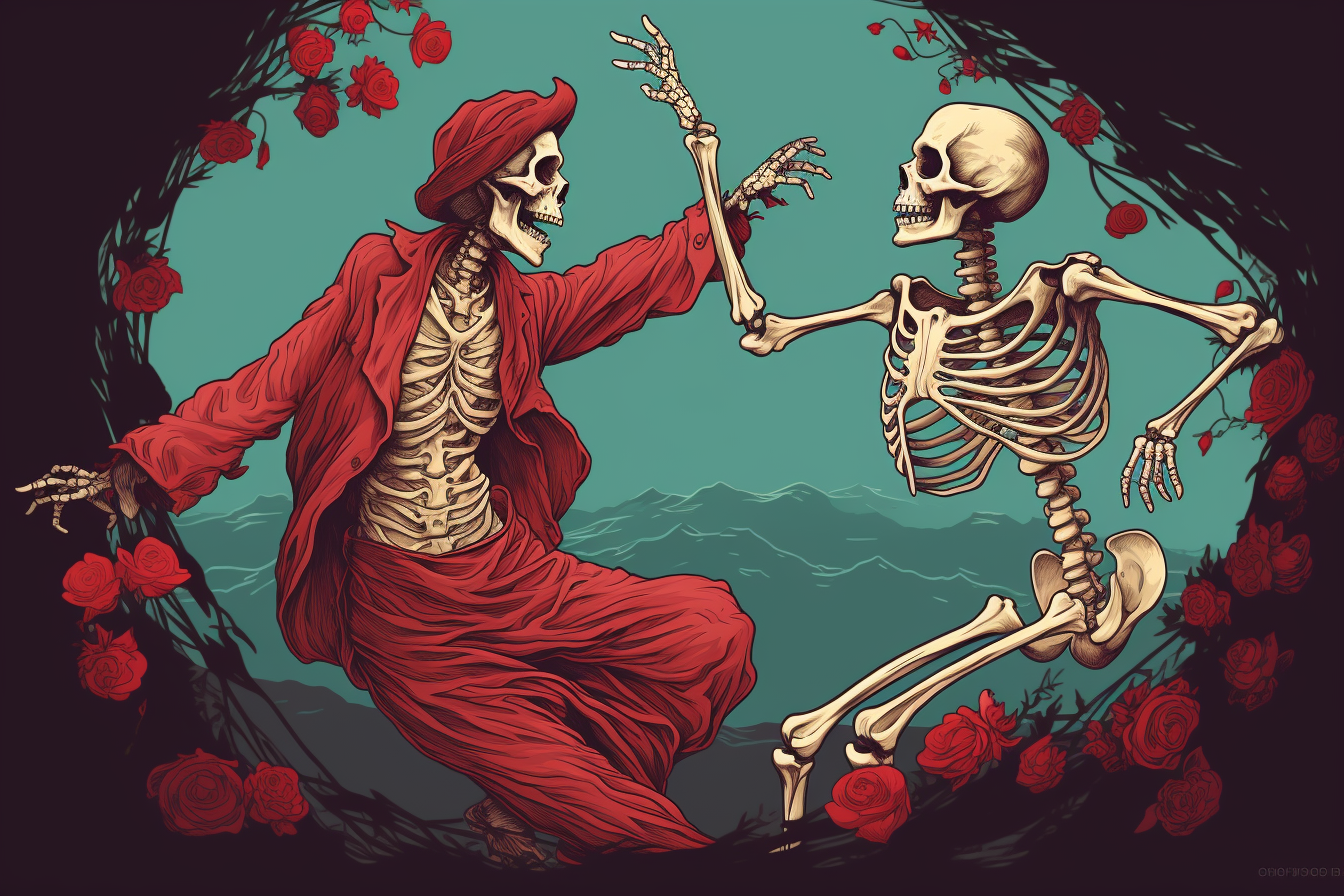 Conceptual illustration of a living man dancing with death