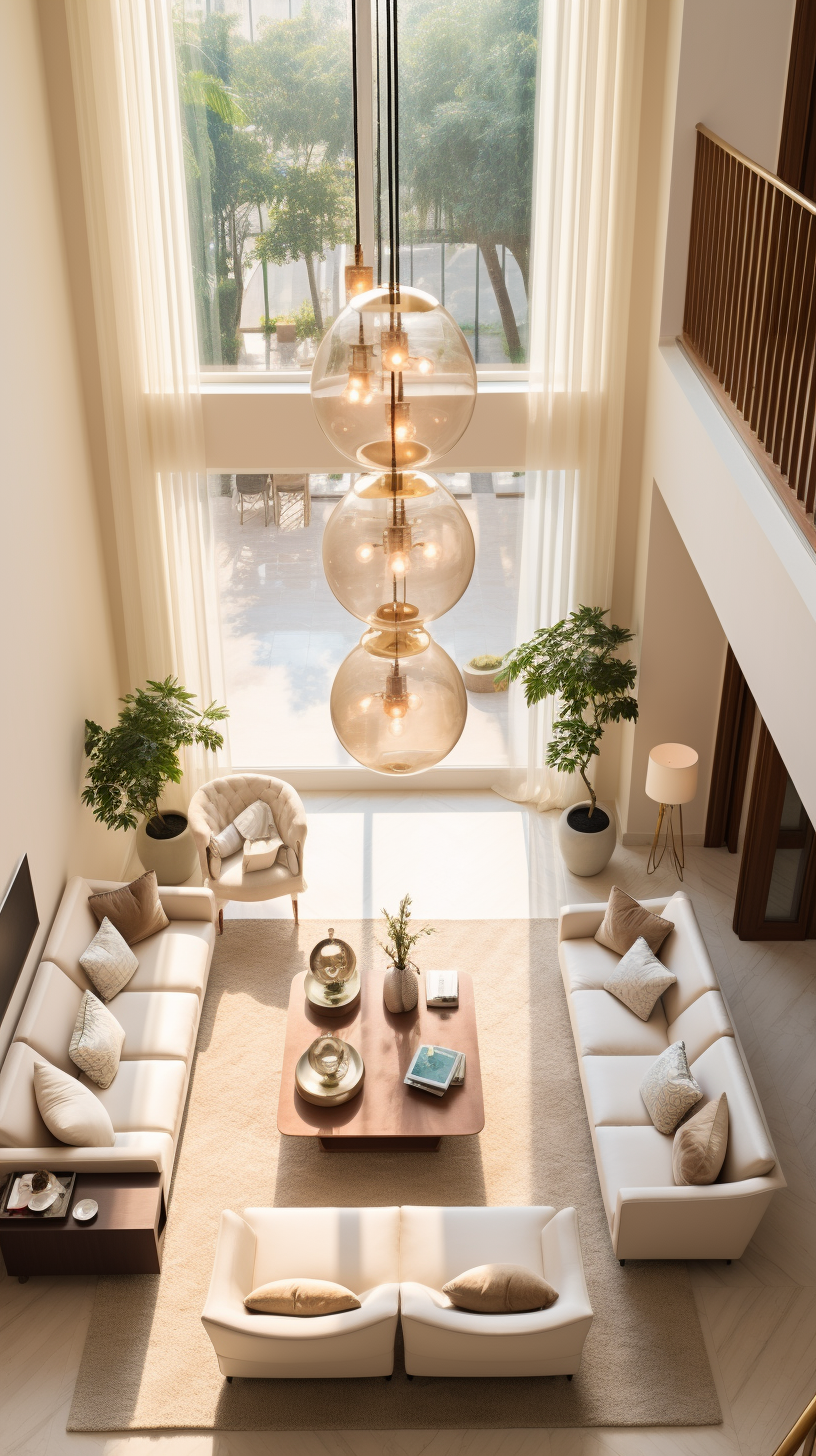 Living room with beige sofa and mezzanine