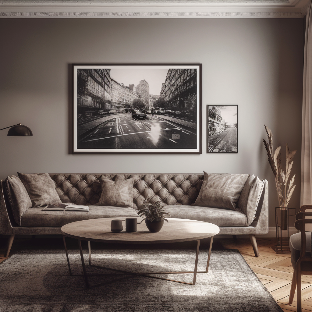 Modern affluent living room with B&W photography print