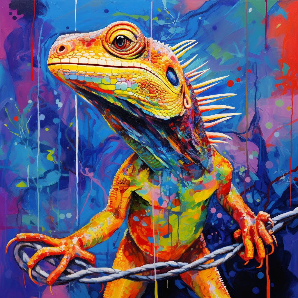 Psychedelic lizard hanging from hook