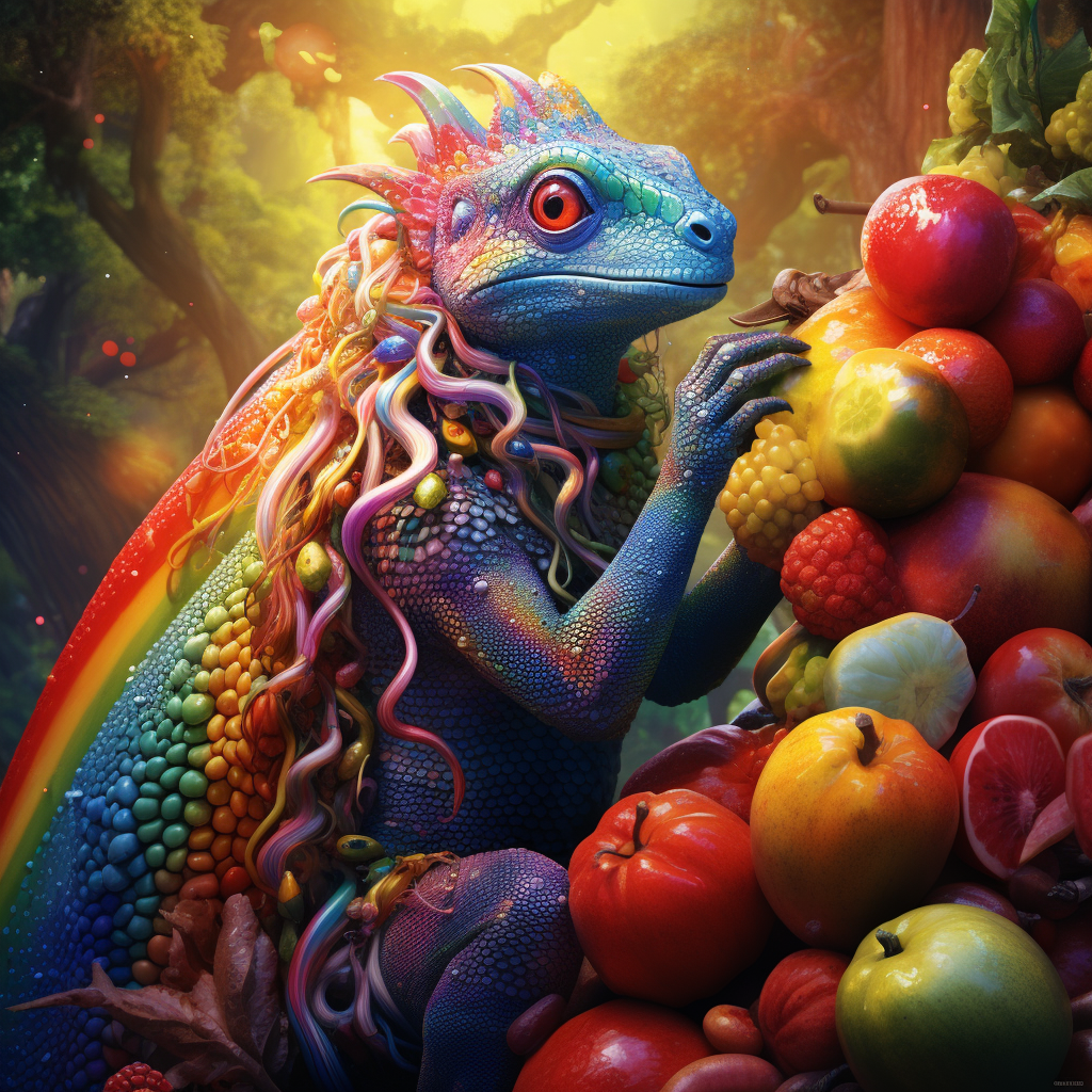 Lizard woman picking fruit in rainbow forest