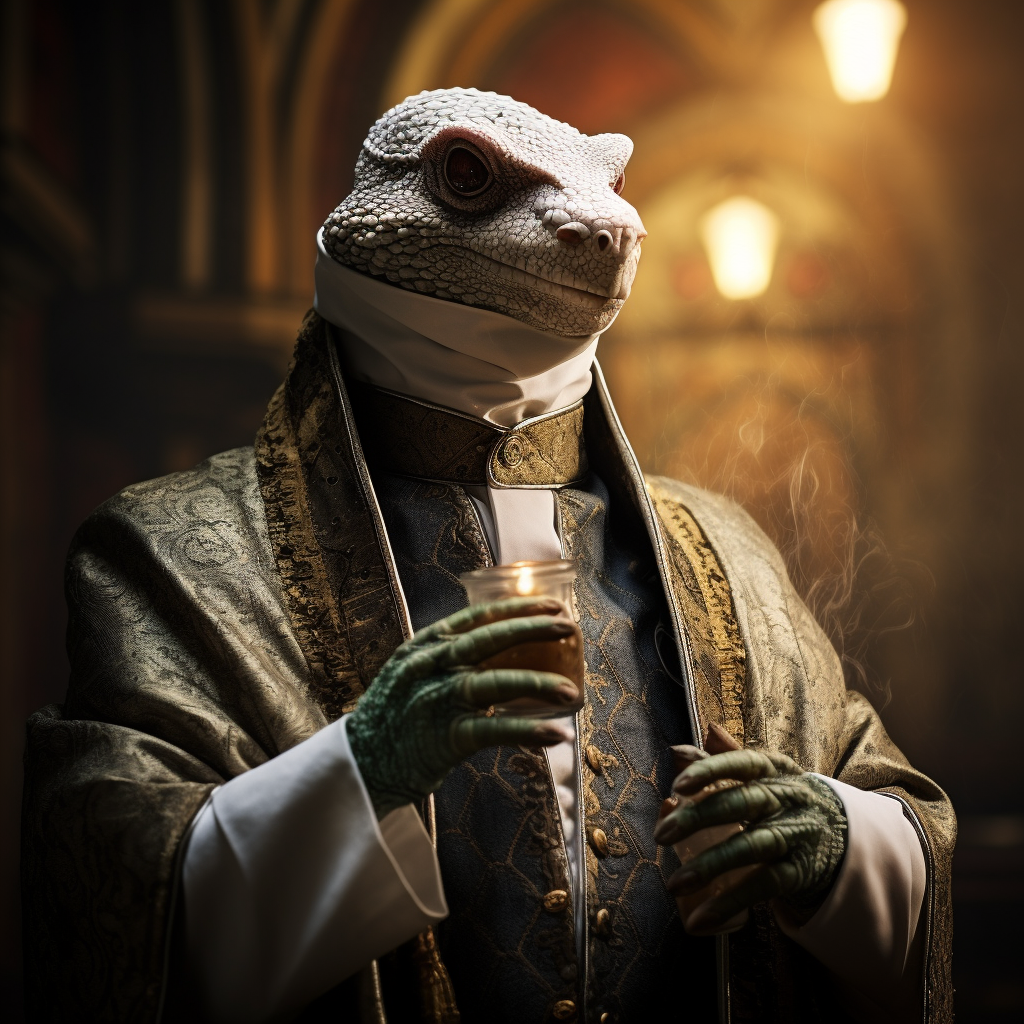 Lizard man dressed as priest