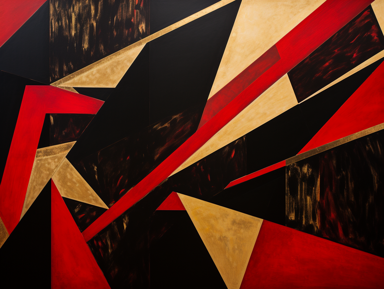 Abstract artwork with intricate details showcasing black, red, and gold accents