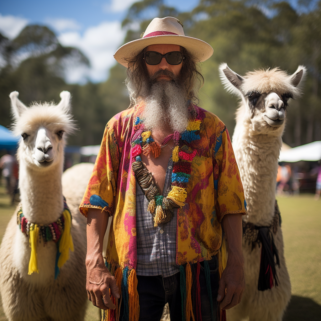 Llama farmer and llamas at festival