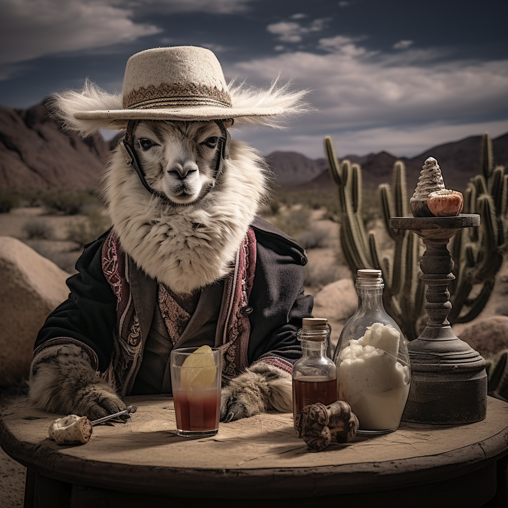 Llama relaxing with whiskey and hat