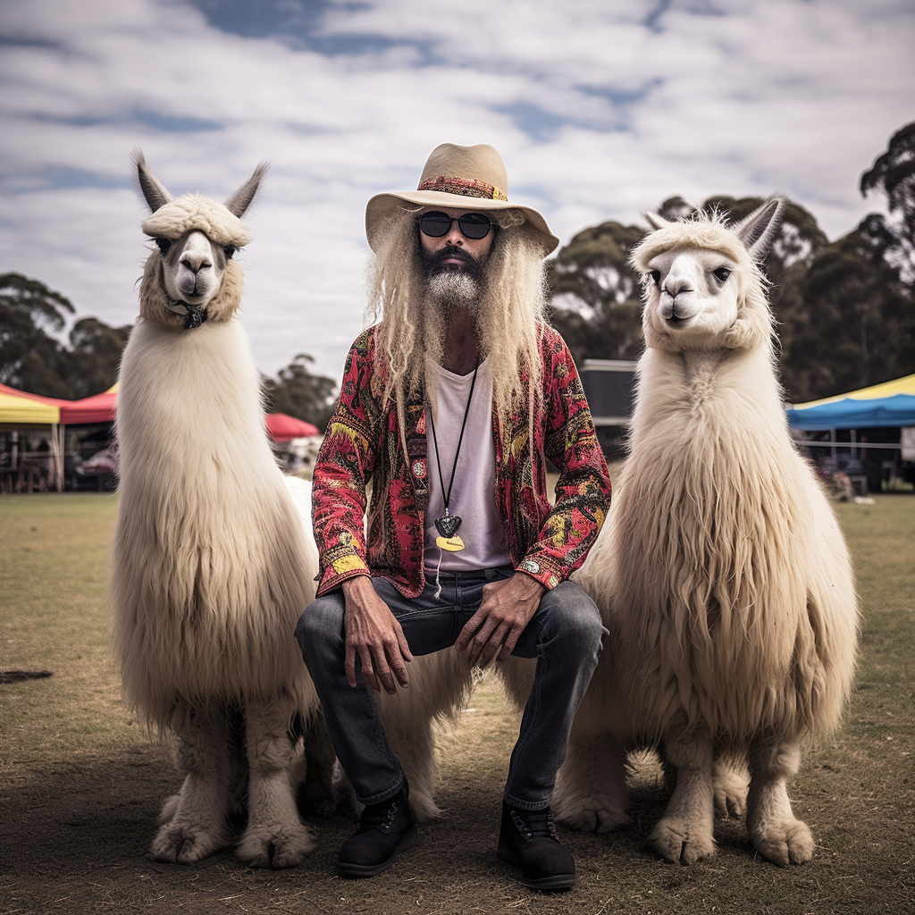 Llama farmer at festival with llamas