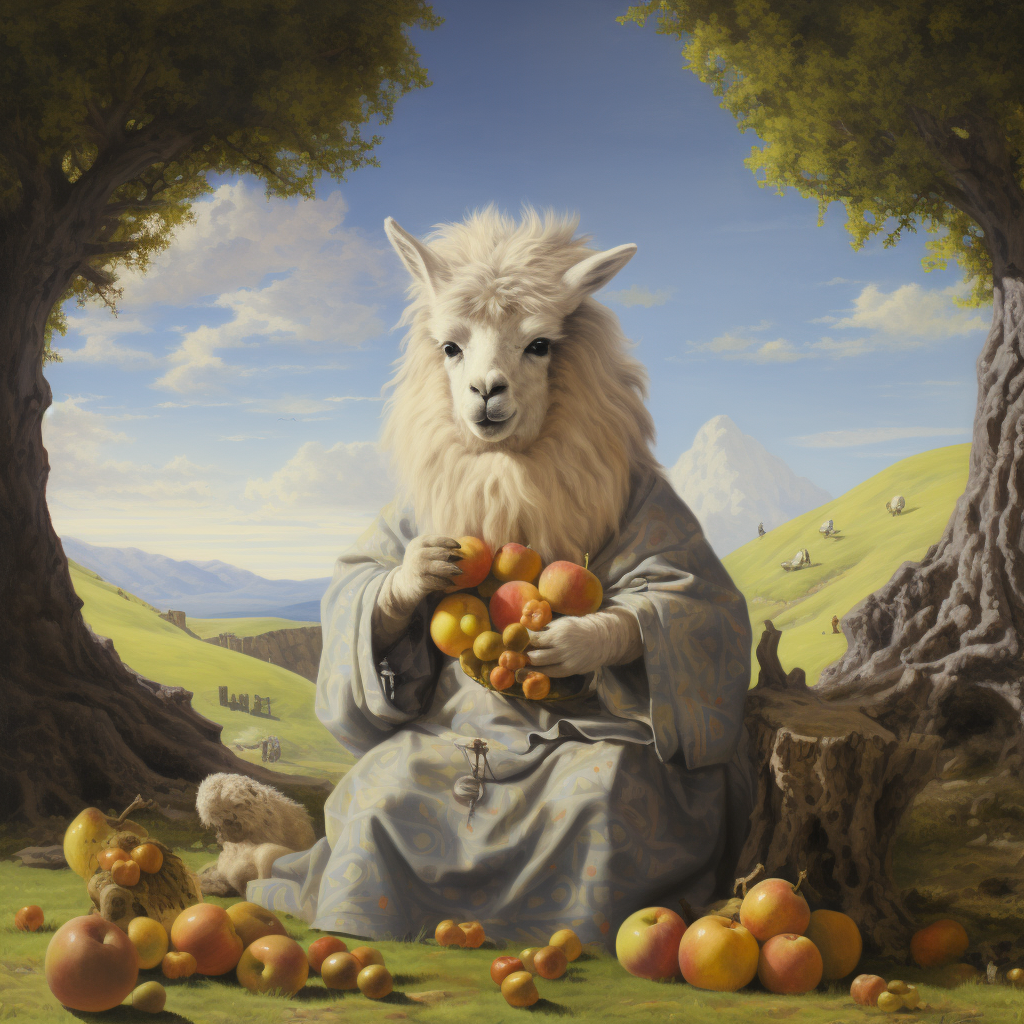 Llama in Isaac Newton costume under apple tree