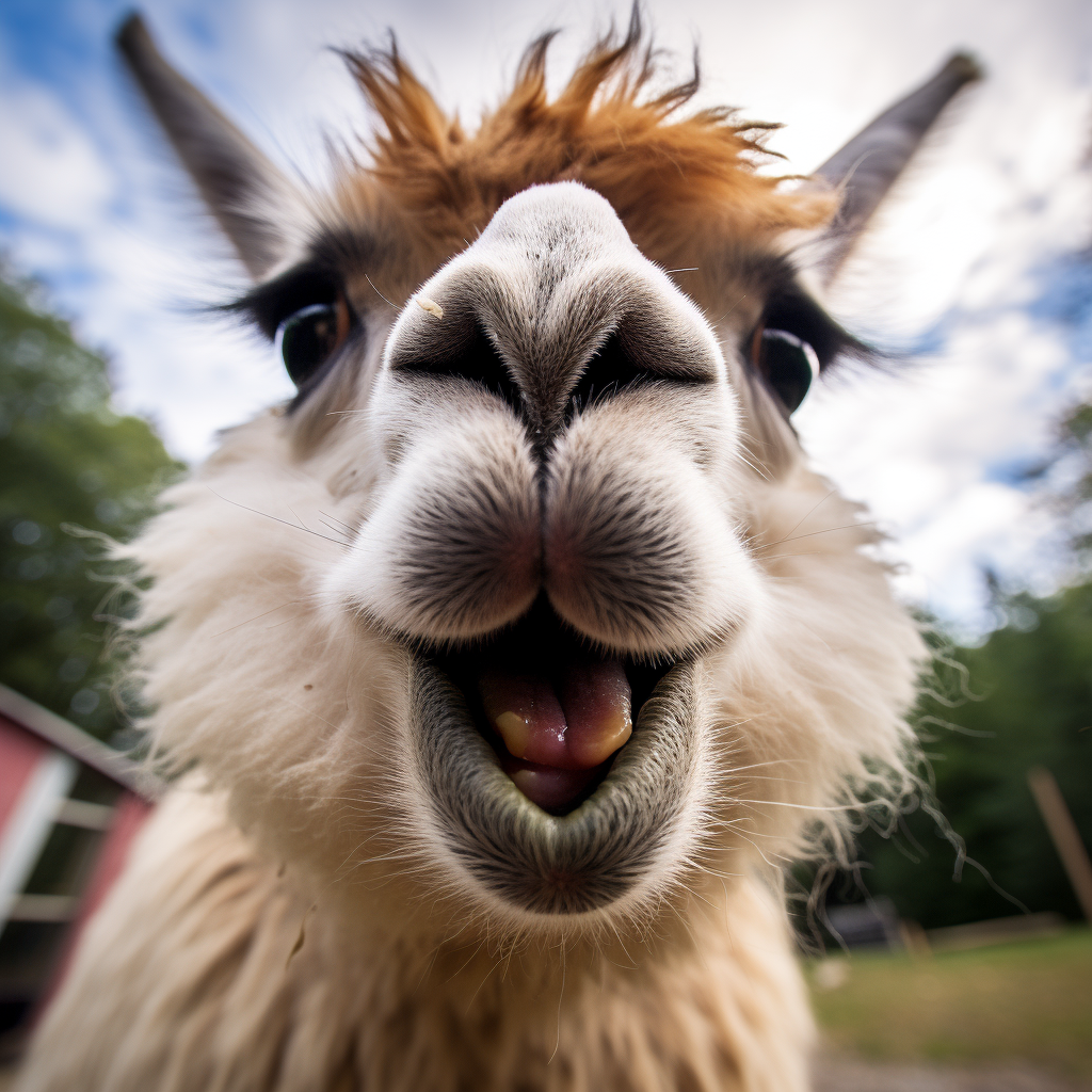 Llama licking camera lens with curiosity