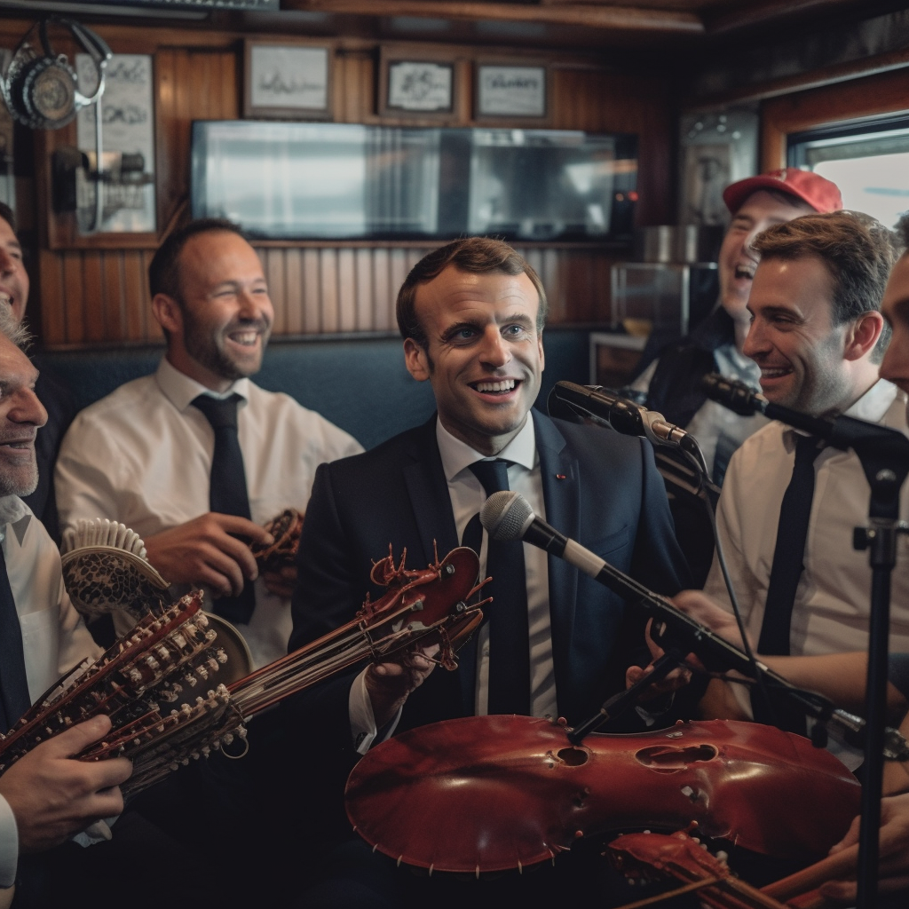 Macron singing with lobsters band