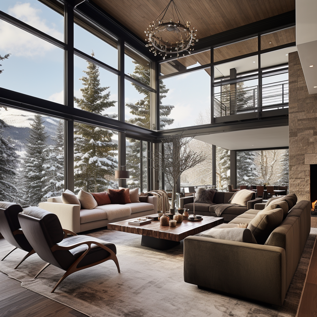 Cozy lodge living room with snowy landscape