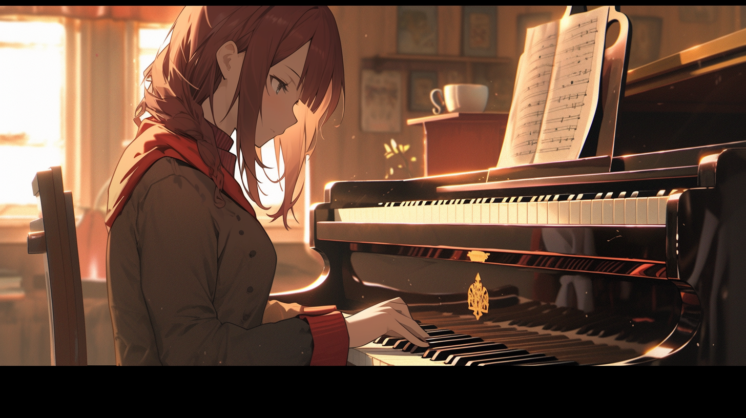 Anime girl playing wooden piano