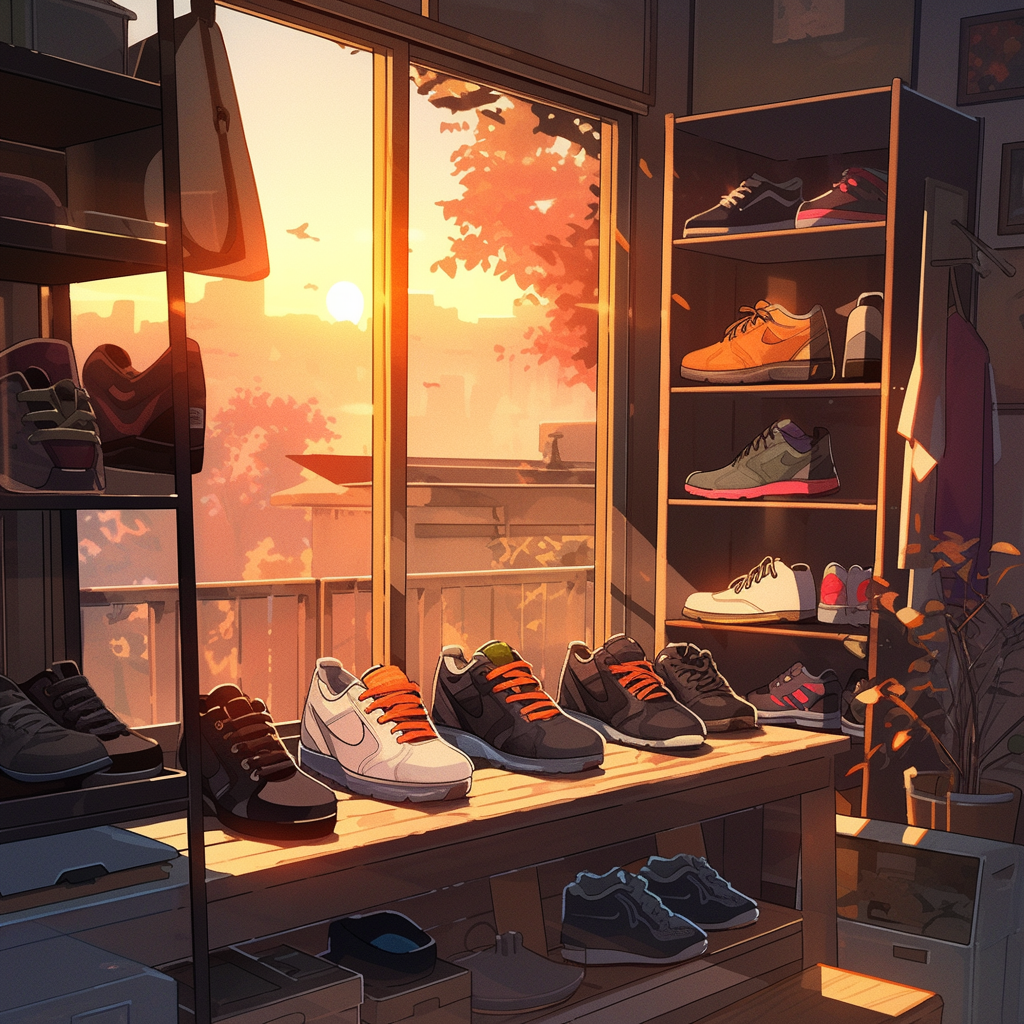 Colorful sneakers in display cabinet with art at sundown