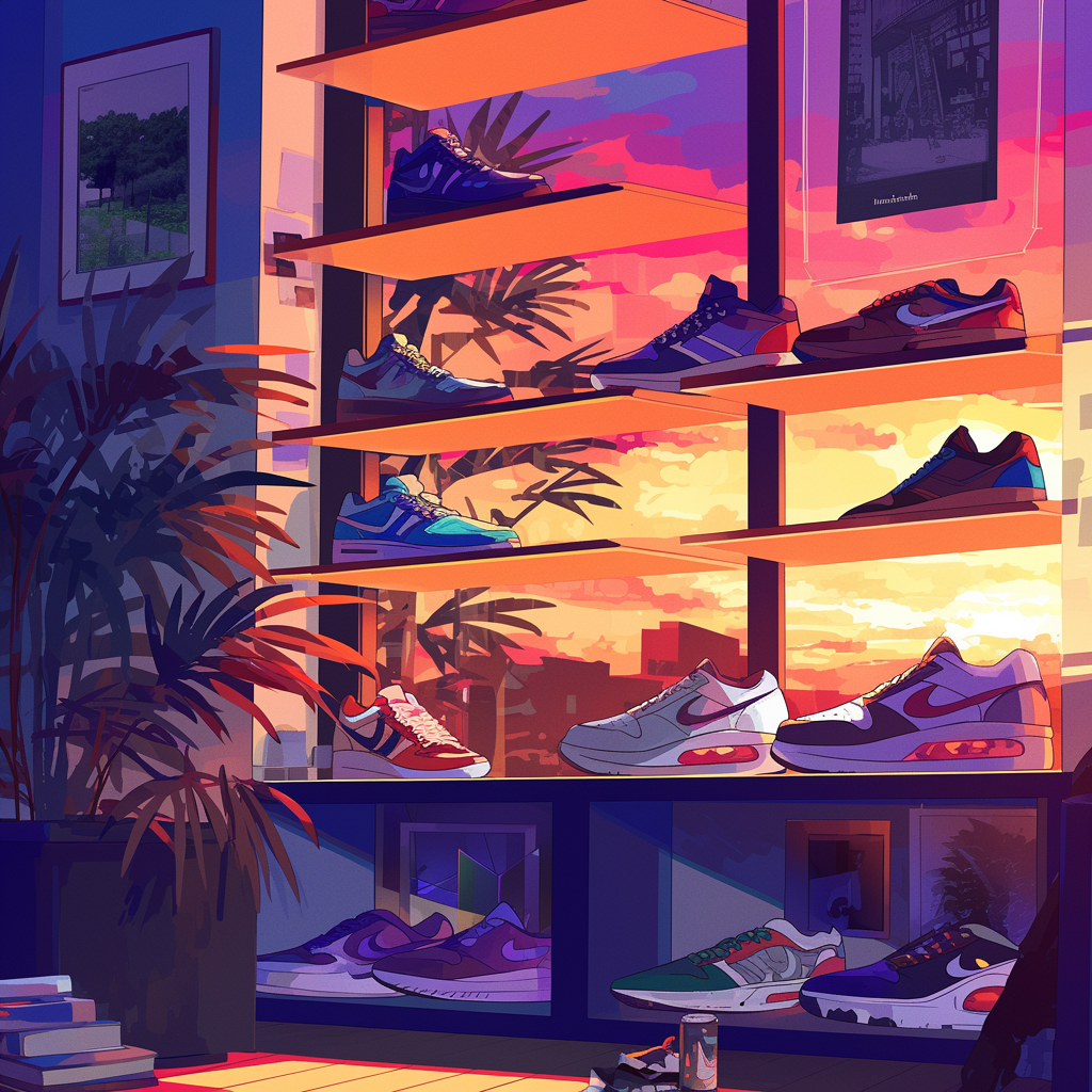 Colorful sneakers lit by sundown