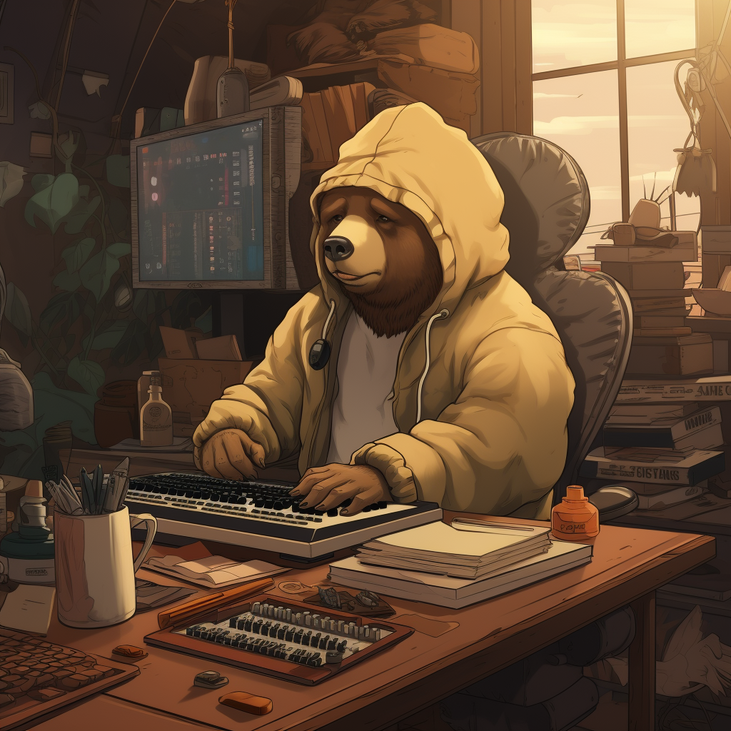 Lofi music producer bear in home studio