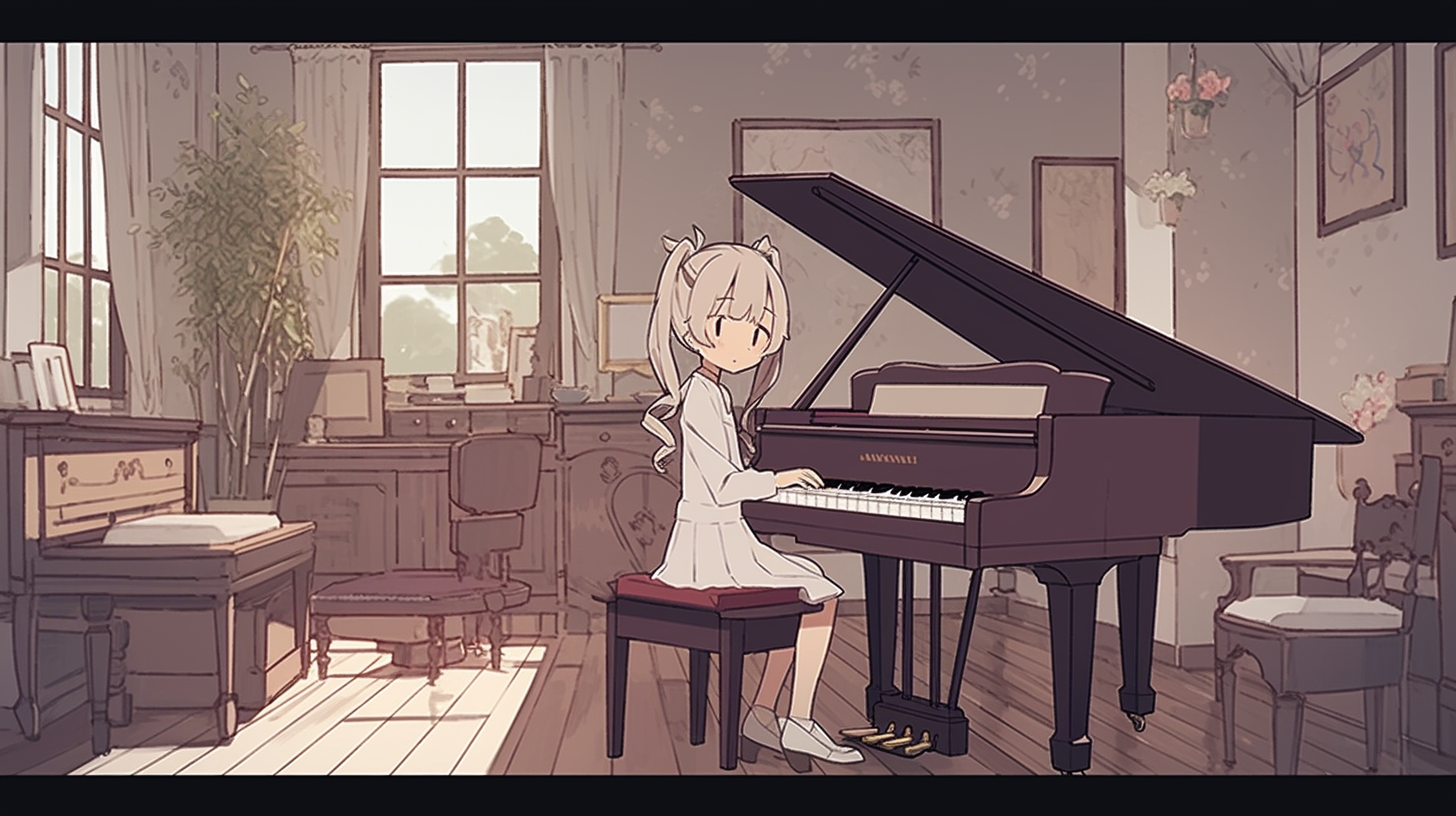 LoFi anime girl playing old piano in cozy room