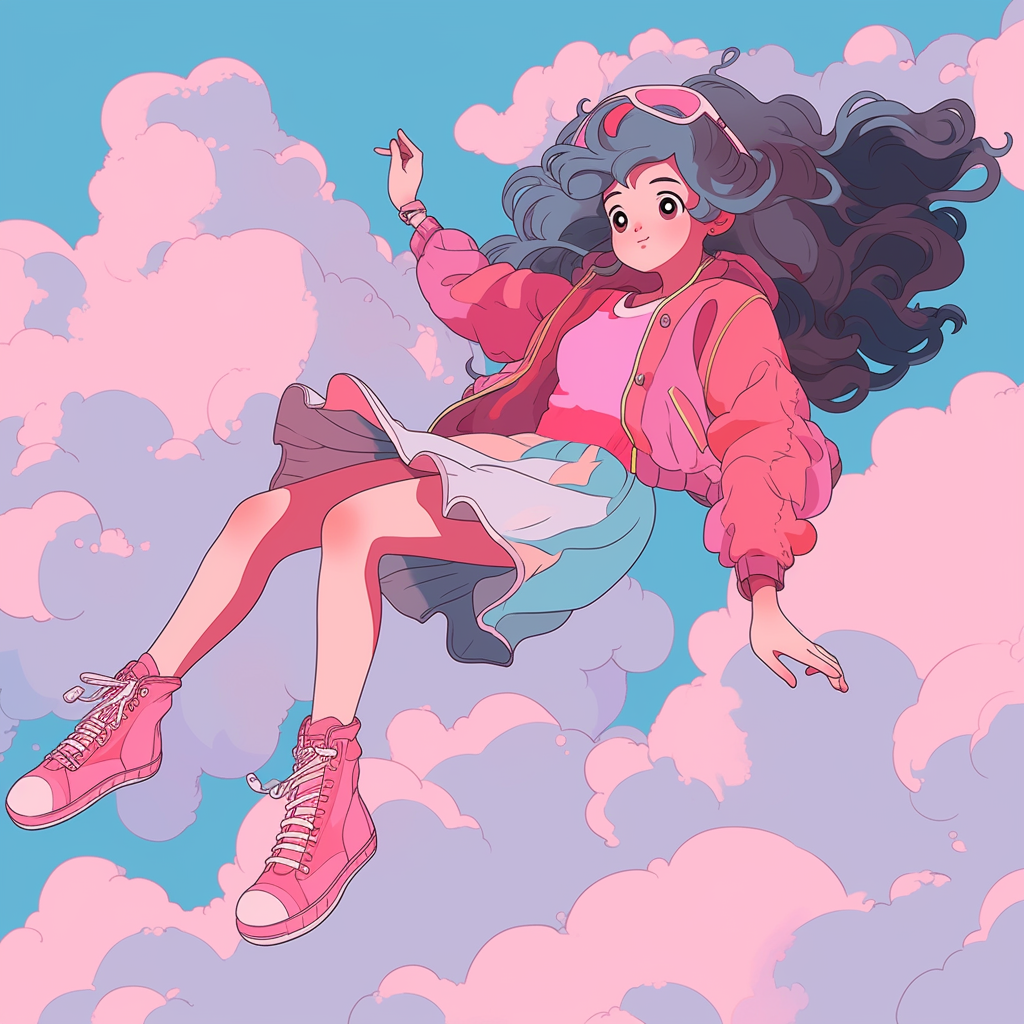 Lofi girl on cloud in 90s anime style