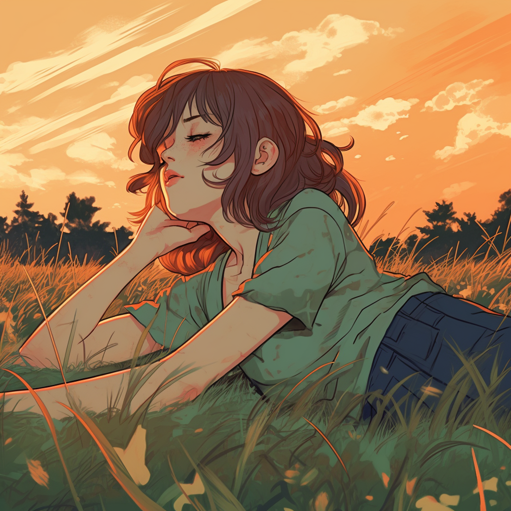 Lofi girl in field with sunset, hair blowing