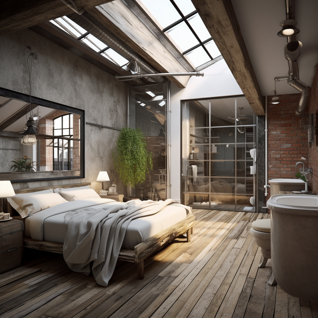 Rustic industrial loft bathroom bedroom