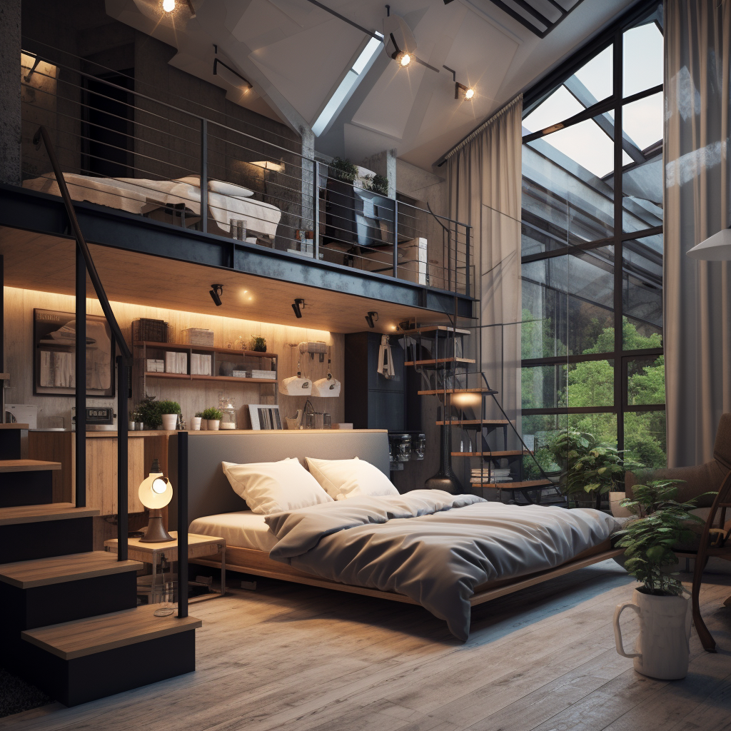 Cozy loft bedroom with minimalistic design