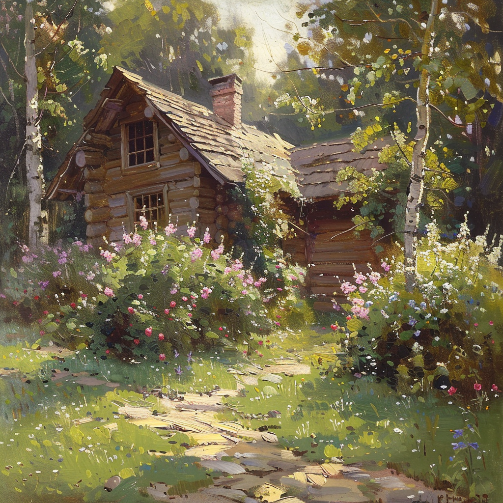 Log cabin with flowers painting