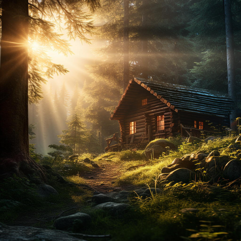 Log cabin in forest with bright light