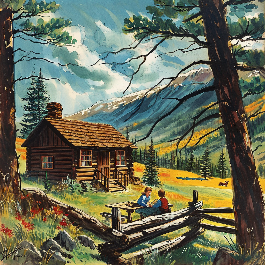 A nostalgic log cabin scene from a 1950s children's book