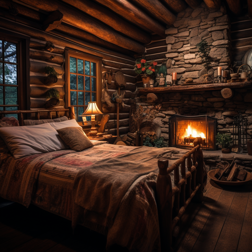 Cozy vintage log cabin with fireplace