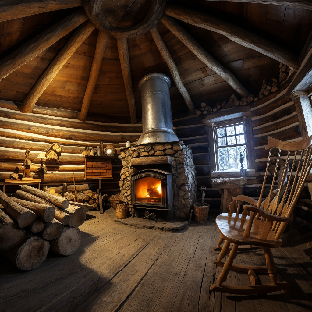 Romantic log cabin fireplace in winter