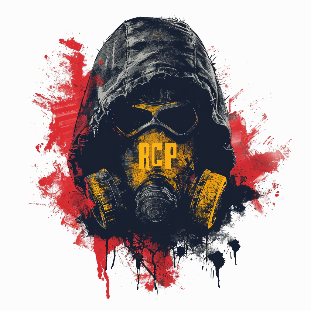 RCP logo with spray cans, gas masks, burglary objects