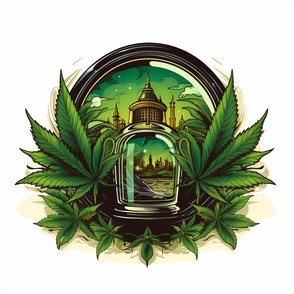 Logo with binoculars and cannabis leaf reflections