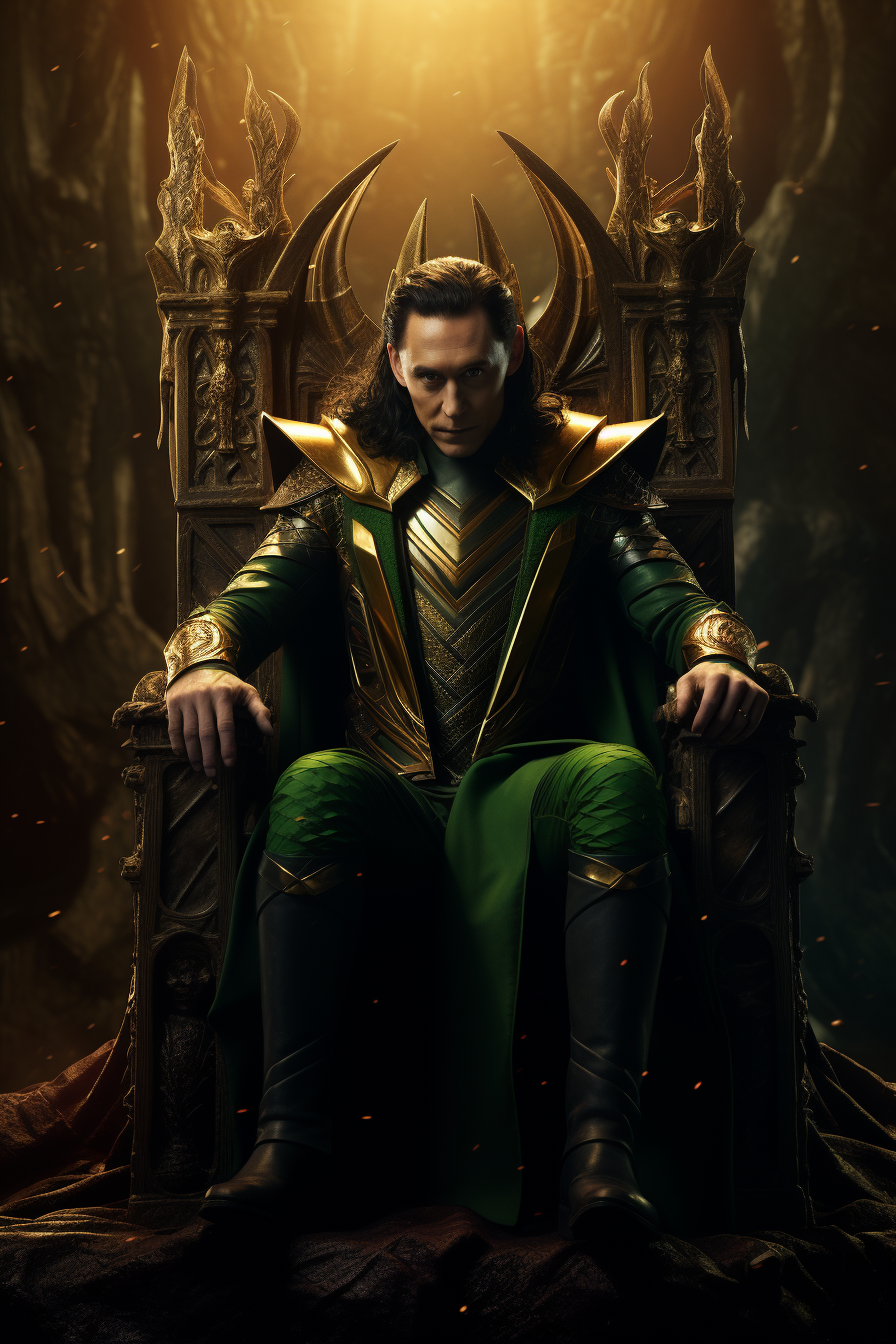 Loki in cape and crown on his throne