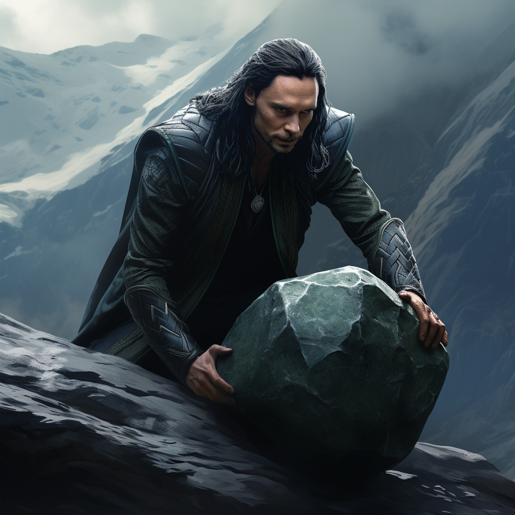 Loki pushing a giant stone uphill