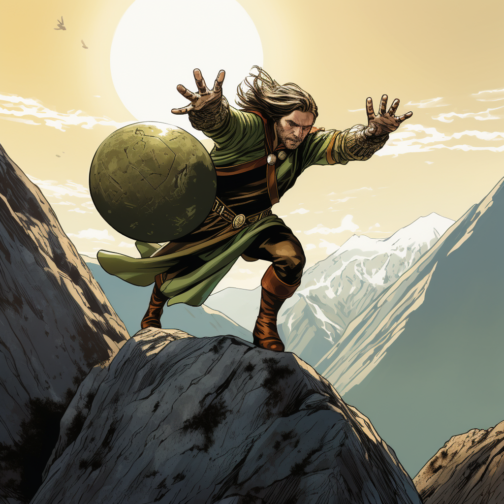 Loki struggles to push giant stone uphill