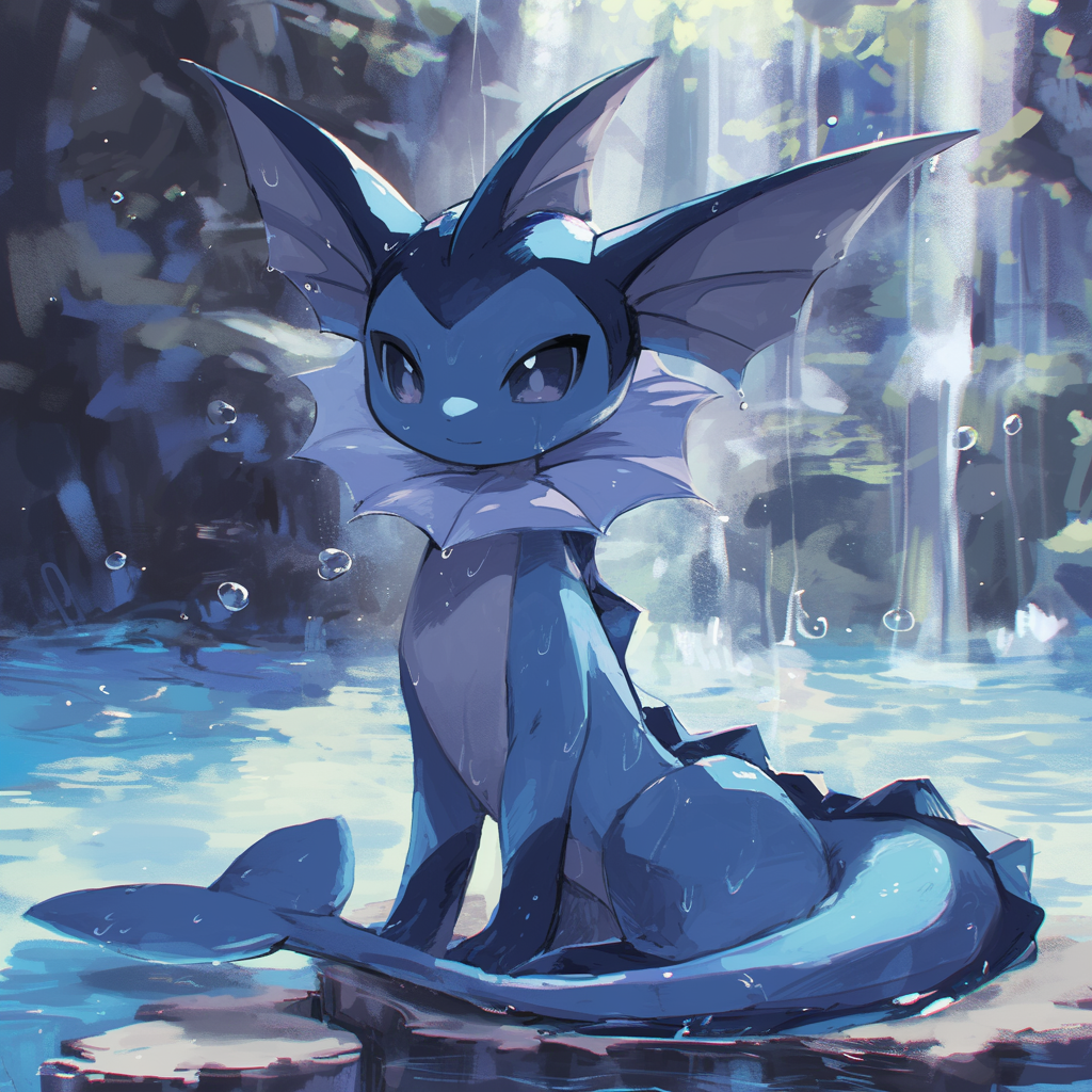 Lombre Pokemon under colorful waterfall