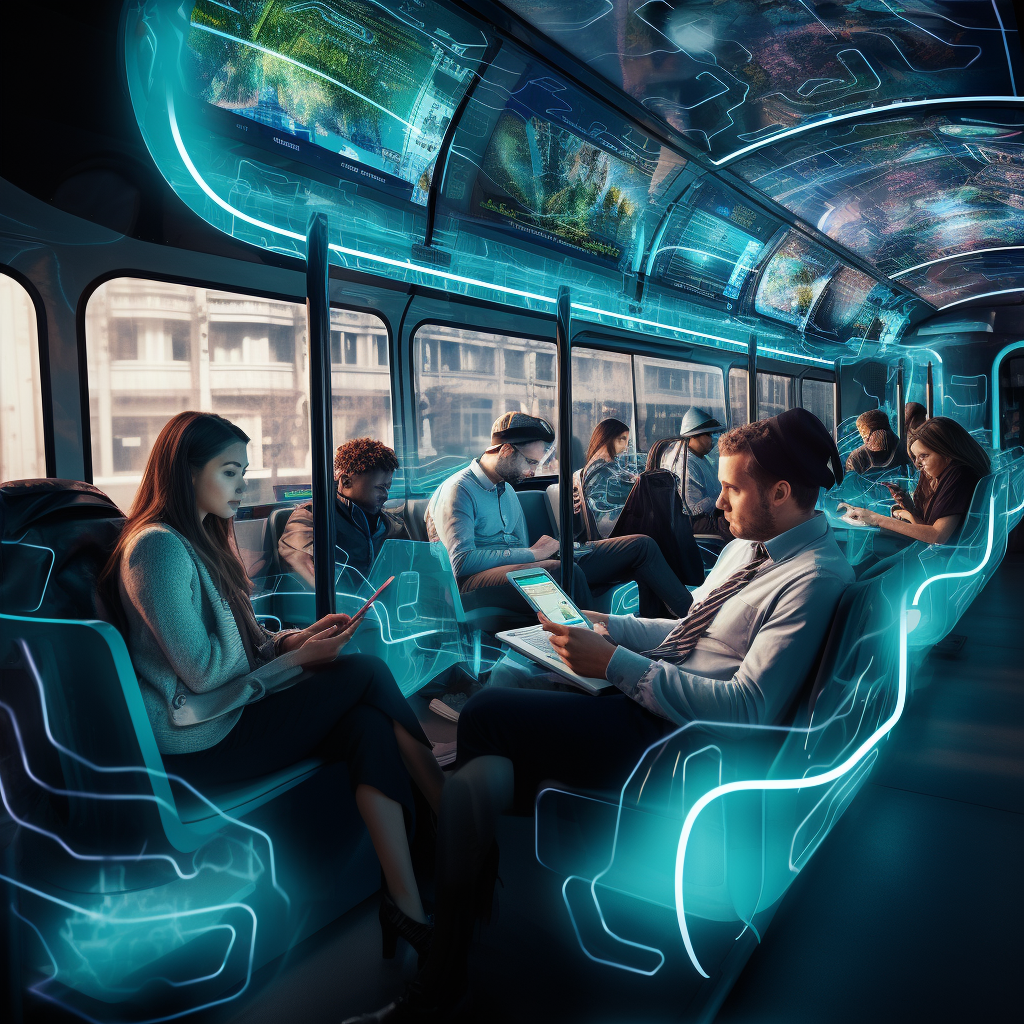 Commuters in futuristic bus working