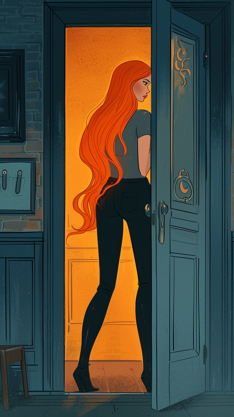 Cartoon woman with long orange hair at London home