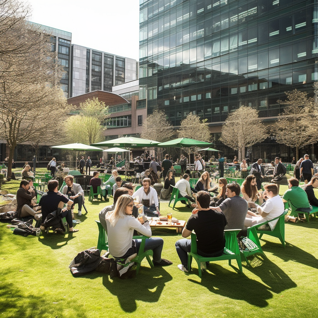 Families enjoying festive activities in a lush green garden