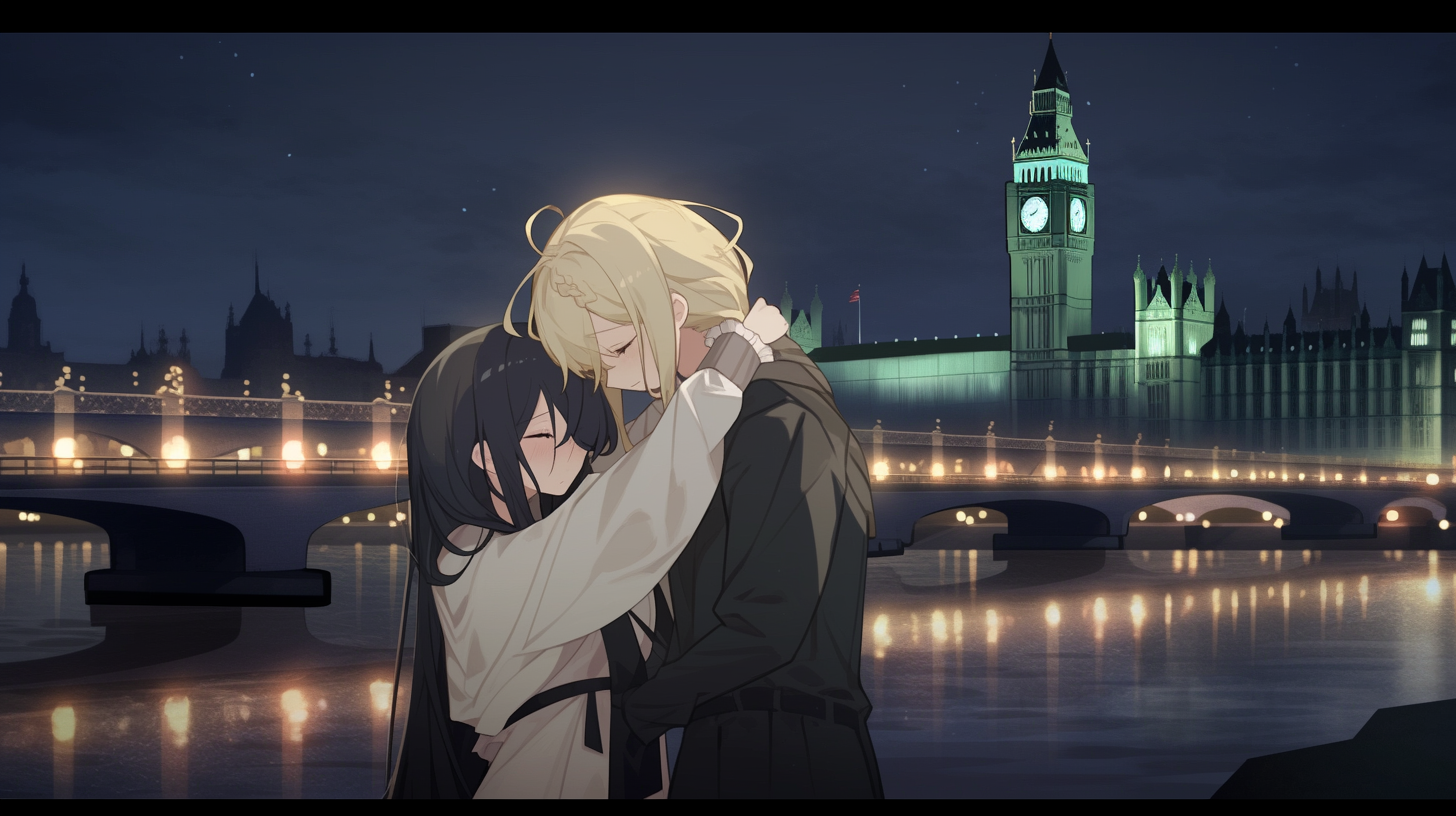 Couple embracing and kissing in London night