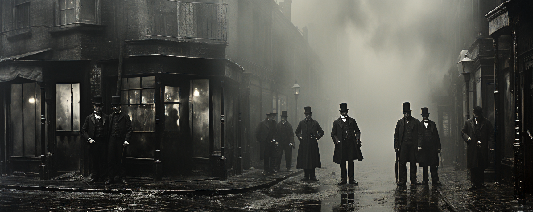 Misty morning street scene with gas masks