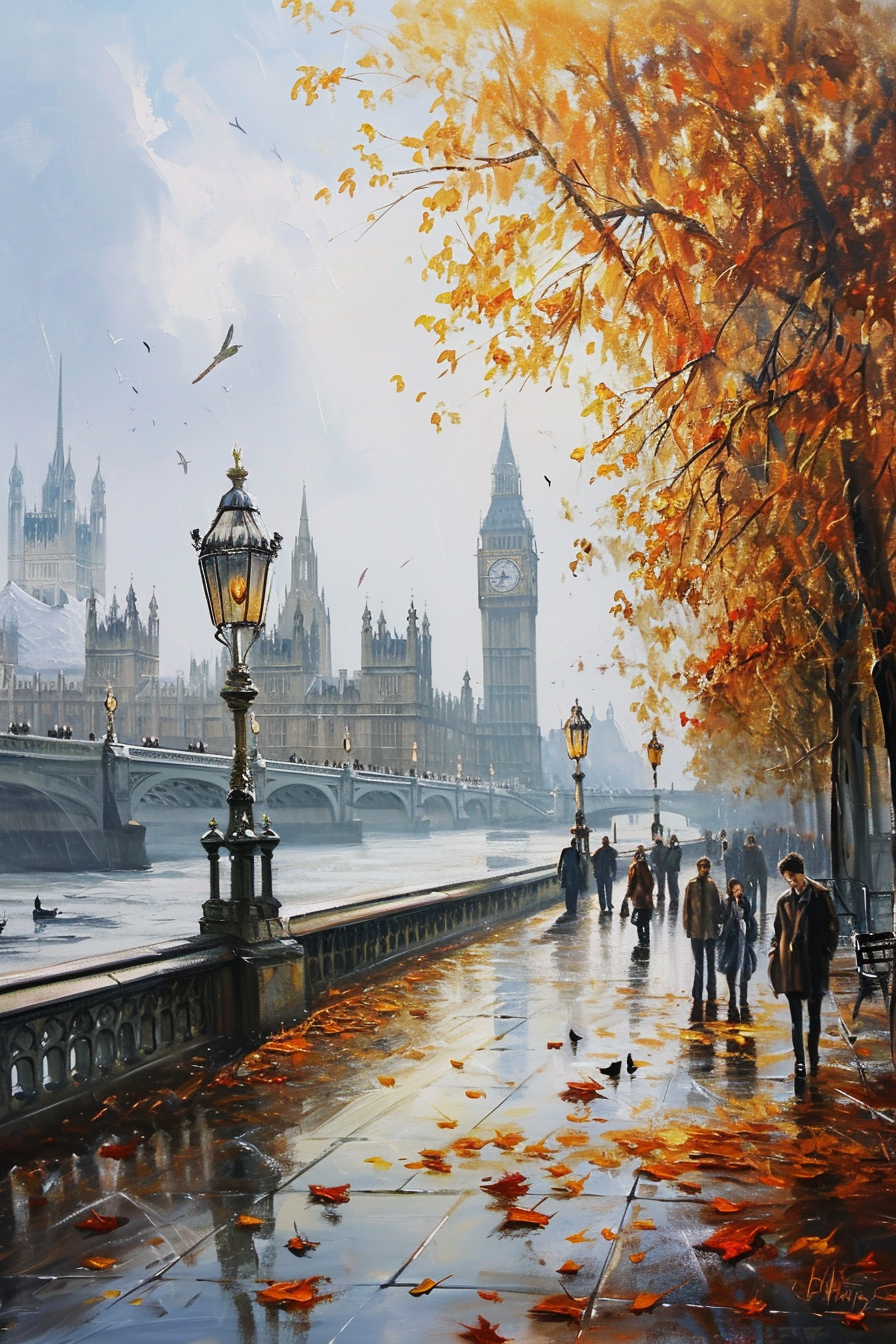 A picturesque street scene in London during autumn